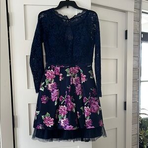 Elegant Blue and Pink Long Sleeve Fit and Flare Prom Dress